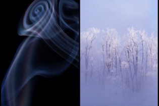 Deux photos côte à côte. La première présentant un spirale de fumée sur fond noir et la secondes des arbres enneigés plongés dans la brume.
