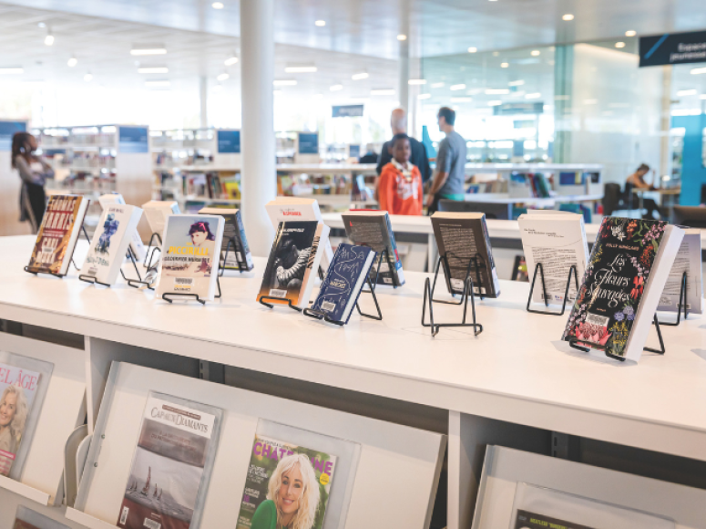 Livres exposés sur le comptoir de la bibliothèque.