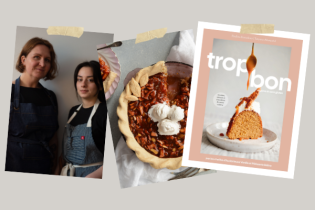 Photos des deux cuisinières, d'une tarte aux pacanes et de la couverture du livre de recette.