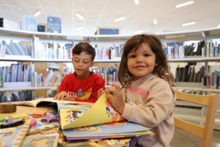 Deux enfants lisant des albums à la bibliothèque.
