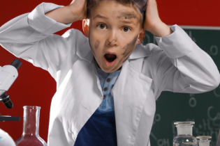 Jeune garçon en tenue de scientifique.