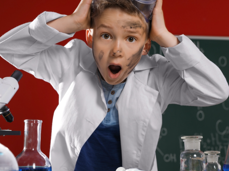 Jeune garçon en tenue de scientifique.