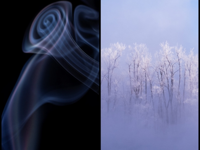 Deux photos côte à côte. La première présentant un spirale de fumée sur fond noir et la secondes des arbres enneigés plongés dans la brume.