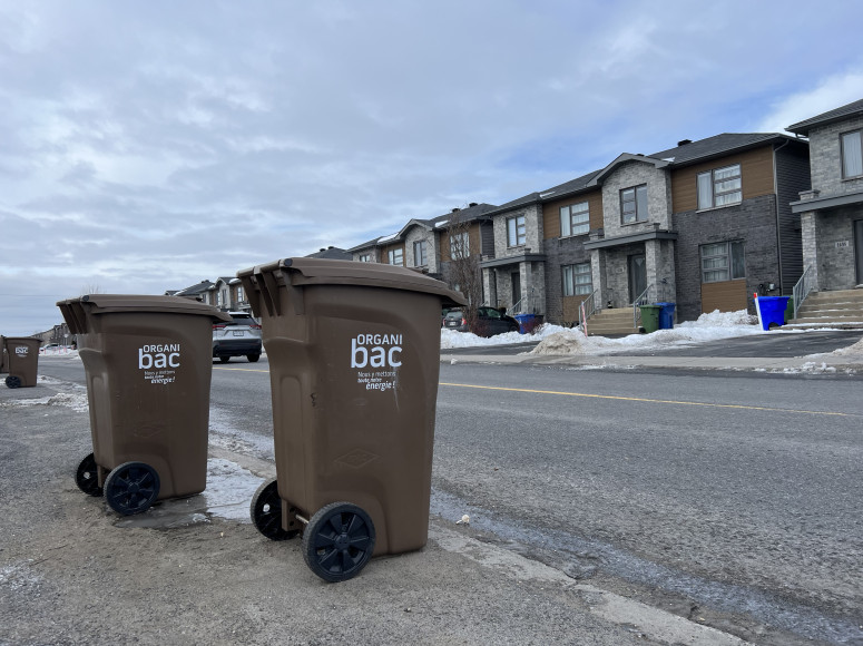 Bacs bruns de matières organiques en bord de route.